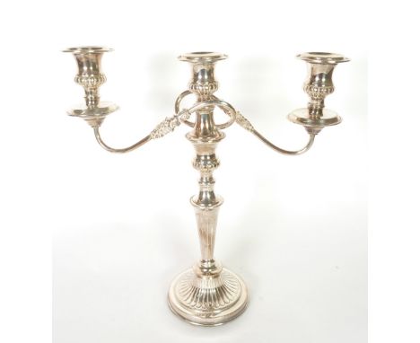 LARGE ELECTROPLATED THREE LIGHT CANDELABRUM, with reflex scroll branches, 15" (38cm) high