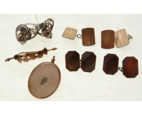 OVAL GLAZED PENDANT, WITH 9CT GOLD FRAME, Birmingham 1910, 3cm long, VICTORIAN FOLIATE BAR BROOCH, marked 9ct, FOUR PAIRS OF 