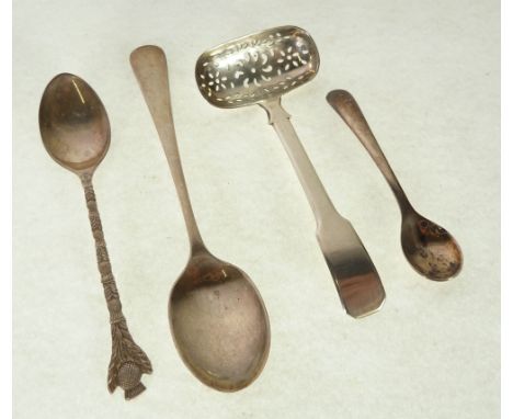 GEORGE III SILVER CADDY SPOON, Birmingham 1795, SILVER COFFEE SPOON WITH THISTLE PATTERN HANDLE, ANOTHER SILVER COFFEE SPOON 