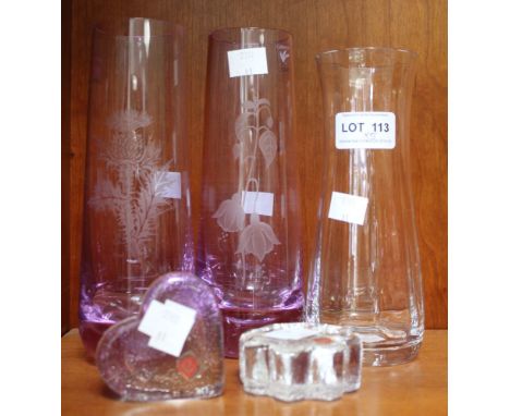 A collection of five art glass examples including Dartington and Caithness