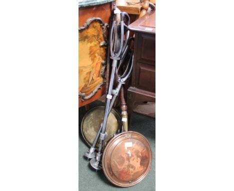 A small collection to include three shooting sticks, a walking stick &amp; two warming pans (6)