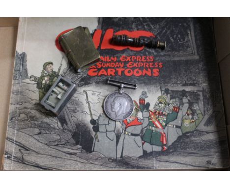 A collection of items, includes a WWI brass lighter in the form of a book, a WWI medal, small box containing bone dominoes, p