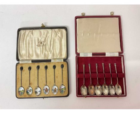 Cased set of six silver coffee spoons, each enamelled with landscapes and seascapes, Birmingham 1937 (Henry Clifford Davis), 