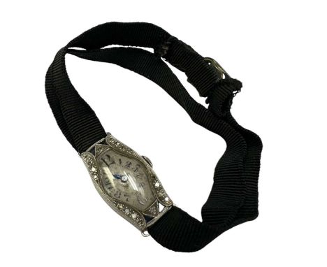 1920s Art Deco cocktail wristwatch in diamond and sapphire set case, on black fabric adjustable strap