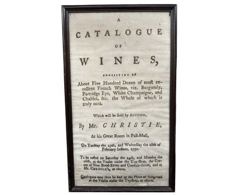 Framed print after an 18th century poster advertising 'A Catalogue of Wines...Sold by Auction By Mr Christie, 1770', 80cm x 4