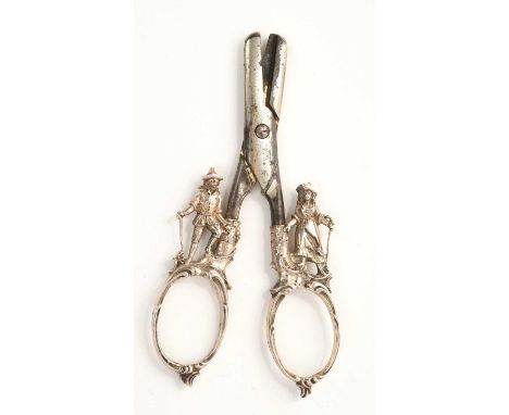 Unusual late 19th/early 20th century pair of Continental silver handled grape shears, with steel blades and cast silver handl