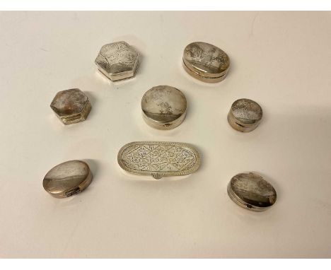 Eight silver pill boxes, various hallmarks and designs
All in good condition with minor signs of wear. They would benefit fro