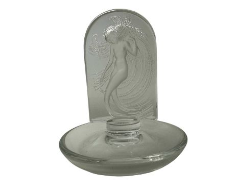 Lalique glass pin dish decorated with a female nude, 11cm high