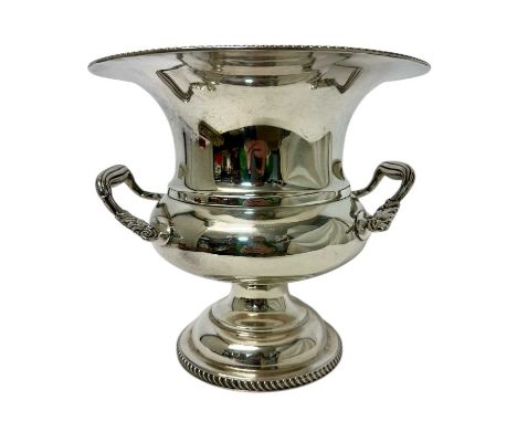 Silver plated twin handled champagne bucket with gadrooned border, on circular pedestal base