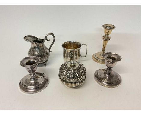 Group of silver including christening mug, candlestick, sterling silver pot and cover, together with pair of plated candlesti