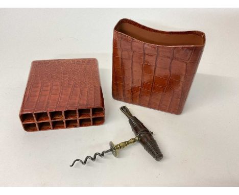 Fine quality crocodile leather cigar holder for 12 cigars, with gilt A.B. monogram, and an antique corkscrew (2)