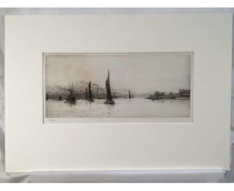 William Lionel Wyllie (1851-1931), signed etching, Silvertown, 19cm x 39cm, mounted