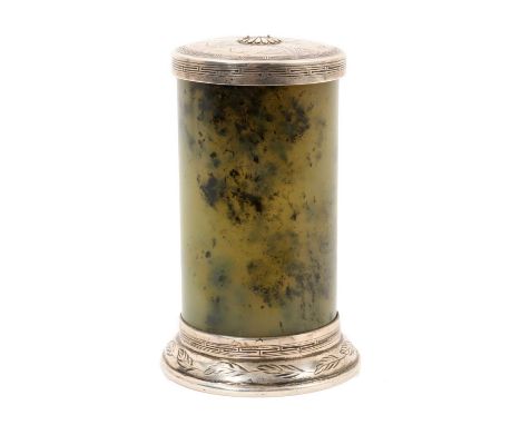 Antique Chinese silver and jade of carved green stone lidded vessel, of cylindrical form, the cover and borders engraved with