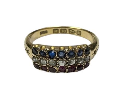 Victorian 18ct gold diamond, ruby and sapphire triple row ring (Chester 1895), ring size L 1/23.7g