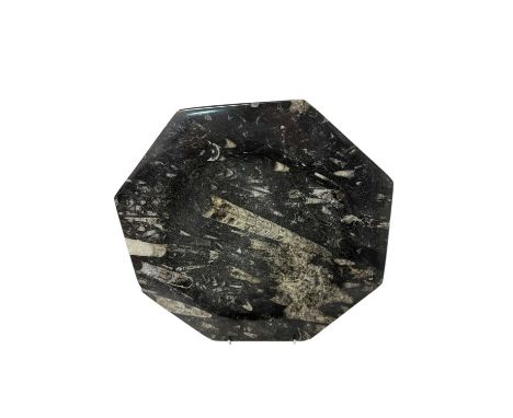 Belemnite fossil marble octagonal dish, 28cm wide