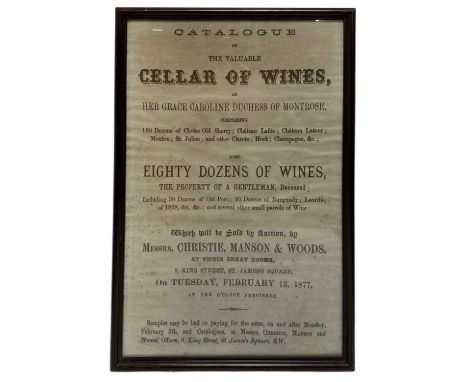 Framed print after a Victorian poster advertising a 'Catalogue of The Valuable Cellar of Wines of Her Grace Caroline Duchess 