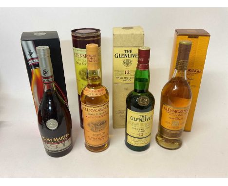Whisky and cognac, including Remy Martin VSOP, Glenlivet 12 year, Glenmorangie 10 year x 2 (4 bottles)