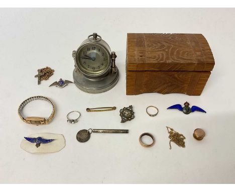Assorted jewellery and vertu with a music box and desk clock, including three sterling silver and enamel RAF and RFC brooches
