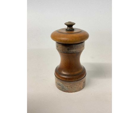 Silver mounted turned wood pepper grinder, Birmingham 1926, 9.5cm high