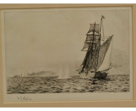 William Lionel Wyllie (1851-1931), signed etching - Q Boat Probus, 17cm x 24cm, in glazed frame