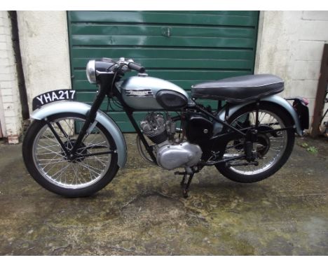 A 1955 Triumph Tiger Cub T20, registration number YHA 217, engine number T15766, engine number T2015766, black/blue. This mat