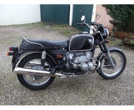 A 1976 BMW R75/6, registration number NFW 714P, frame number 4032706, engine number 621141, black. BMW's R75/6 was manufactur