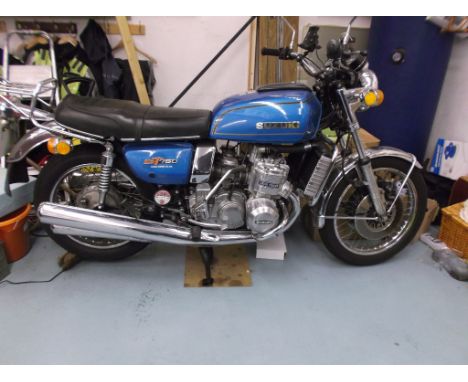 A 1975 Suzuki GT750, registration number JHU 125N, blue. This 750 Kettle was imported from America in 2011. It has been resto
