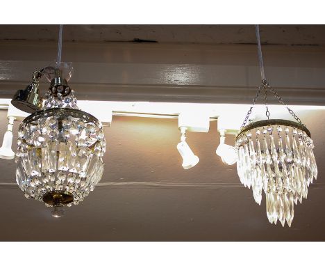 A gilt brass and cut glass chandelier light shade, 18cm diameter, together with a gilt brass and cut glass ceiling light fitt