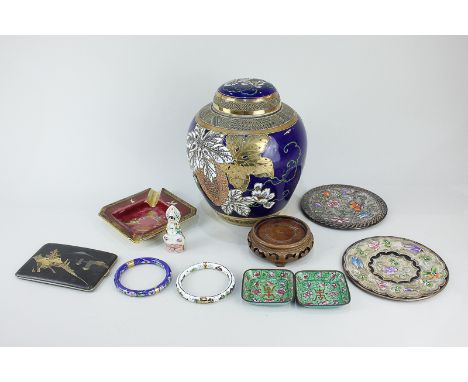 Two cloisonne bangles, a Carltonware Rough Royal ashtray, a Chinese ginger jar and cover, a pair of cloisonne dishes, a Japan