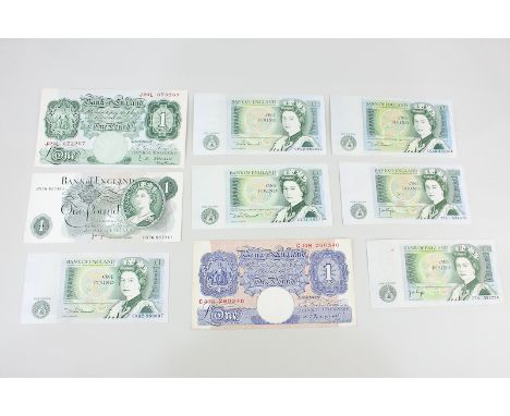 A collection of nine Bank of England one pound notes, blue and pink Peppiall 1940-48 Emergency Issue, green O'Brien 1955-60 B