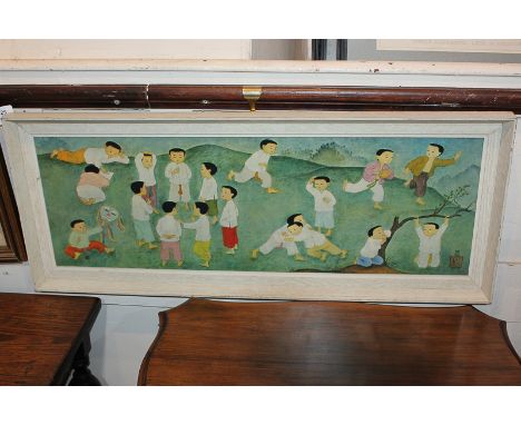 After Mai Thu (Vietnamese 1906-1980), children playing in a landscape, colour print, 26cm by 76.5cm