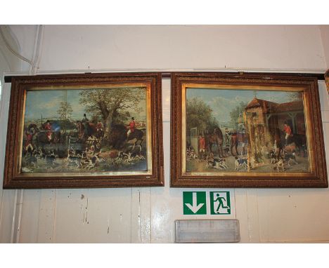 After E F Holt, a pair of hunting scenes with riders and hounds, at the catch of the fox, and in the stable yard, coloured pr