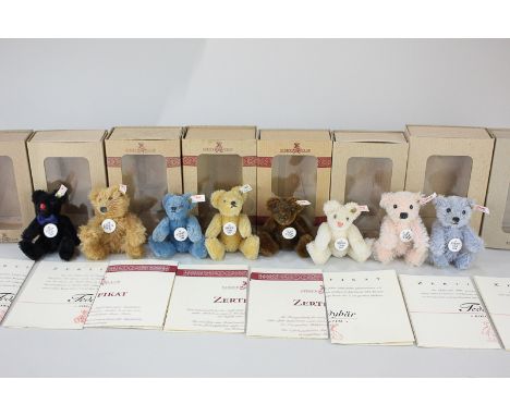 Eight Steiff Club miniature mohair teddy bears, 1997-2004, all in original boxes, with certificates, 7cm tall