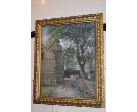 R Fish, farmyard scene with chickens, oil on canvas, signed, 44.5cm by 34.5cm
