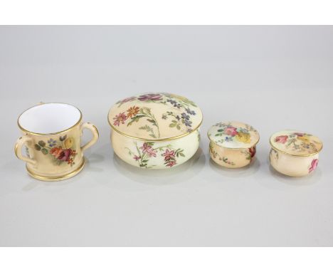 A Royal Worcester blush ivory porcelain miniature tyg, with date mark for 1904, 4cm, and three Royal Worcester blush ivory po