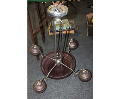 A French Art Deco chrome metal four-branch ceiling light with five purple glass shades, 75cm drop