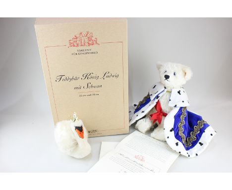 A Steiff white mohair King Ludwig Teddy Bear with Swan, limited edition 315/1500, with original certificate and box, 35cm tal