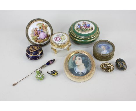 Three Limoges porcelain trinket boxes and a Limoges porcelain plaque frame, together with a framed portrait, a trinket box wi