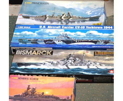 Four boat kit models; Tamiya 'Bismarck German Battleship' no.13, 1:350 scale, Trumpeter 'US Aircraft Carrier CV-10 Yorktown 1