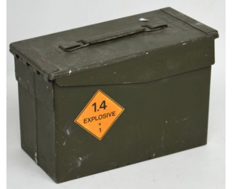 A 20th century ammunitions tin, decals for 1.4 explosive 400 rounds, contents of three field dressing pouches, ammunition car