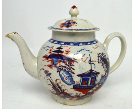 Liverpool; a c1760 Richard Chaffers ovoid teapot decorated in the Oriental style with a village, river and flora, height 14cm