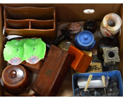 A collectors' lot to include a 19th century Mauchline ware box 'The Lighthouse, Hoylake', a mahogany box with inscription to 