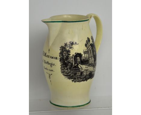 Herculaneum (1796-1840); a c1800 large creamware jug, bat-printed decoration of Classical ruin and figures on horseback and v