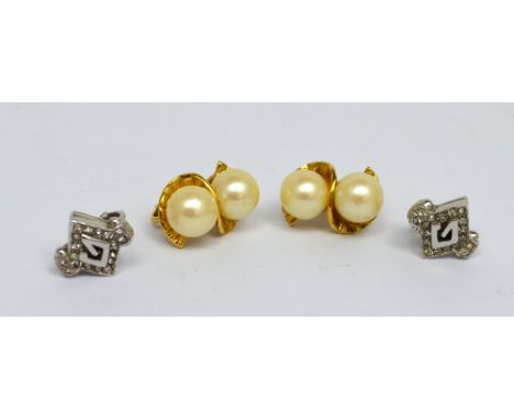 Two pairs of vintage Givenchy costume earrings, yellow metal shell design set with two pearls, and white metal diamond shape 