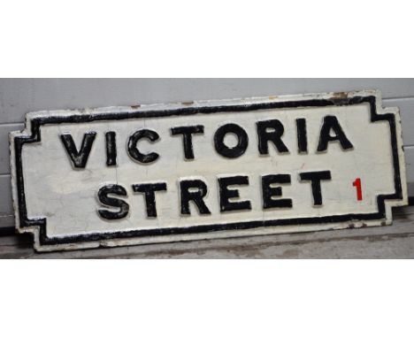 A vintage cast iron street sign for 'Victoria Street' Liverpool, length 95cm.