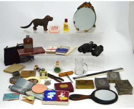 A collectors' lot to include vintage handbag, a cased pair of binoculars, M. Aronsberg Liverpool, various vintage compacts to