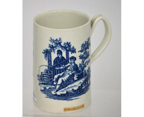 A late 18th century Worcester 'La Peche, La Promenade Chinoise' pattern, cylindrical tankard with shaped loop handle, crescen