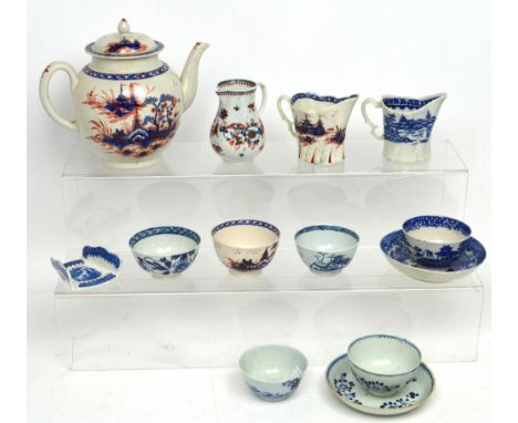 Herculaneum (1796-1840); six blue and white tea bowls, two saucers, an asparagus dish, a blue and white jug with moulded body