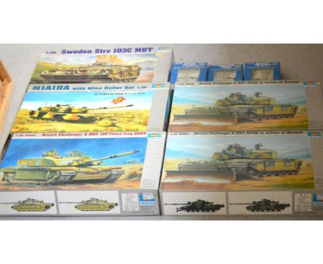 Eight Trumpeter military model kits; 'M1A1HA with Mine Roller Set' no.MM-00336, 'Sweden Strv 103C MBT' no.00310, two 'British