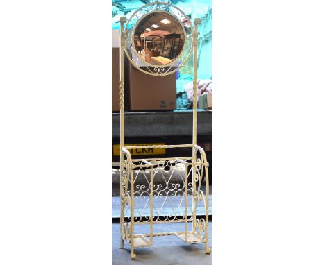 A vintage white-painted wrought iron hall stand with convex mirror above three hanging hooks and two stick stands, height 181